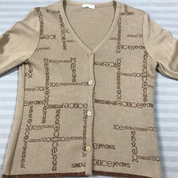 Iceberg Ice Jeans Cardigan Sweater Womens Small Beige Logo Monogram Made Italy - Picture 2 of 11